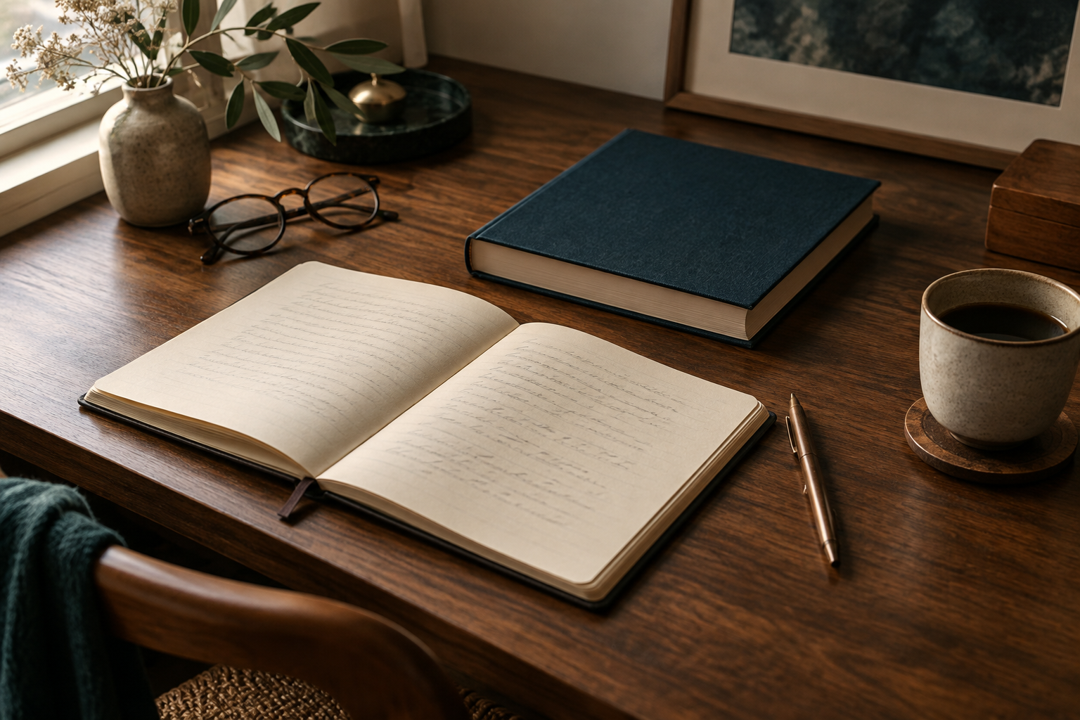 Composição ilustrativa de um espaço de estudo com caderno, livro, caneta e óculos.